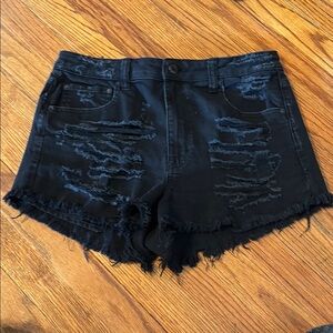 Distressed Black Denim Shorts